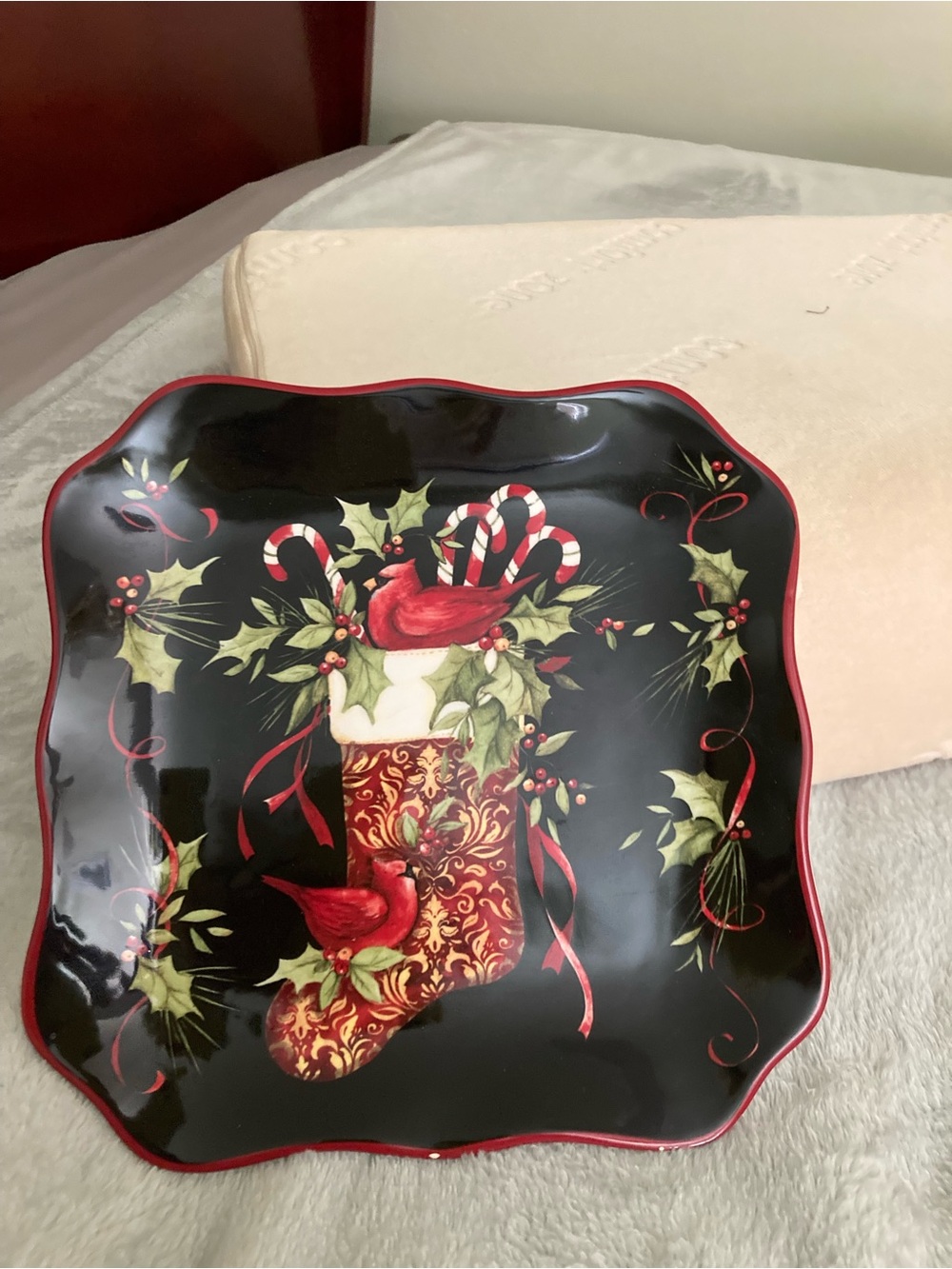 Certified International Black Holiday Plate with Red Stocking and Cardinals